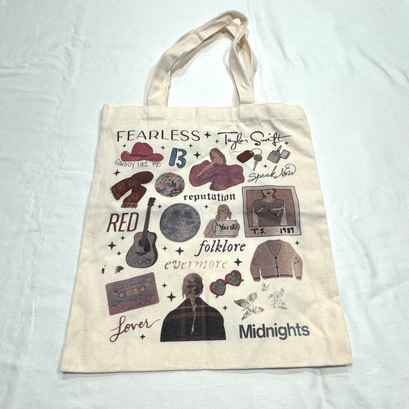Taylor Swift Fearless Canvas Tote Bag Sz 13.5"x15.5" Beige Shoulder Bag Era Tour - Picture 2 of 7